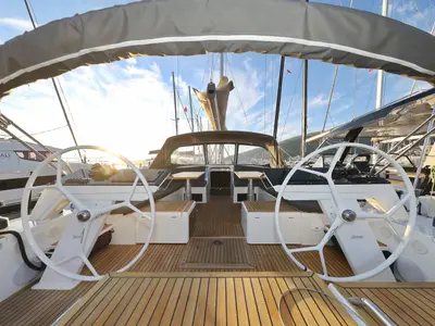 Cockpit of Alma, a Hanse 510 sailboat at Kos, Greece