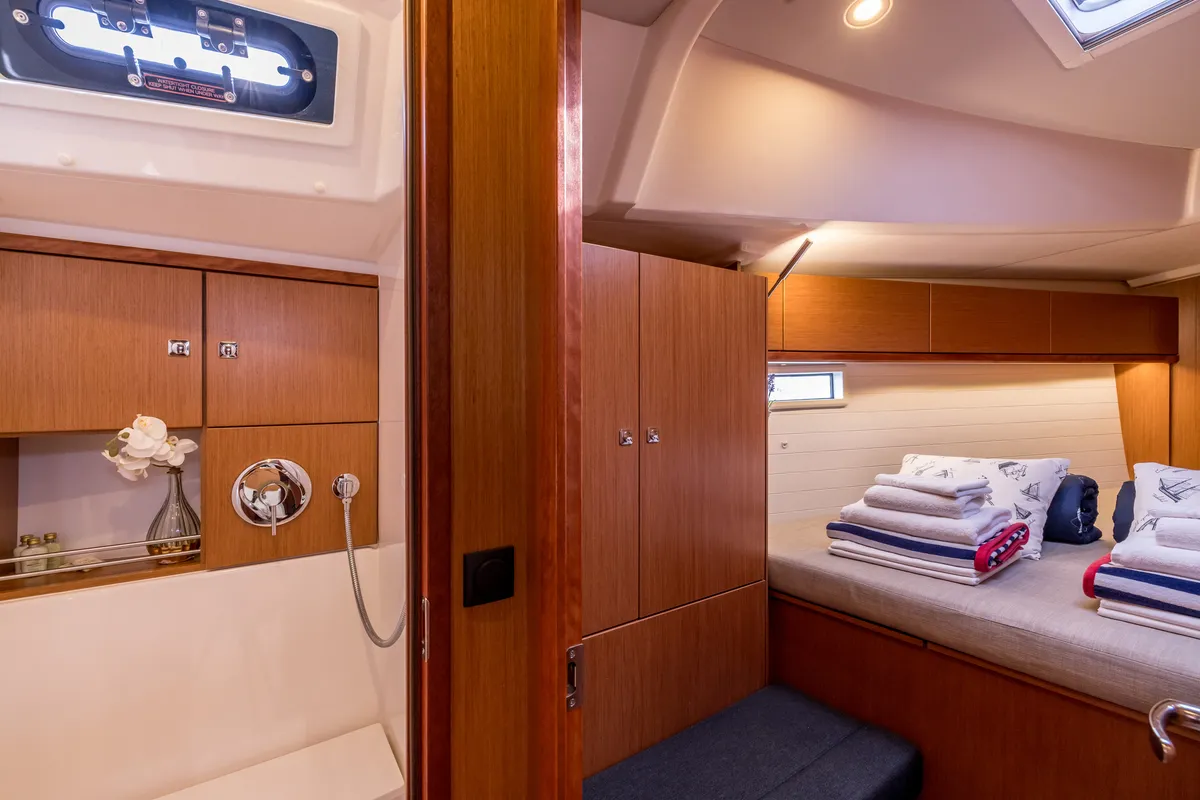 Exterior view of Sea Sparkle, a Bavaria Cruiser 46 sailboat at Split, Croatia