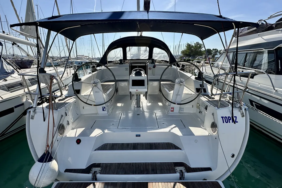 Cockpit of Topaz, a Bavaria Cruiser 46 sailboat at Sukošan, Croatia
