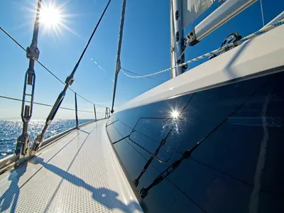 Deck of MH 85, a Bavaria Cruiser 46 sailboat at Murter, Croatia