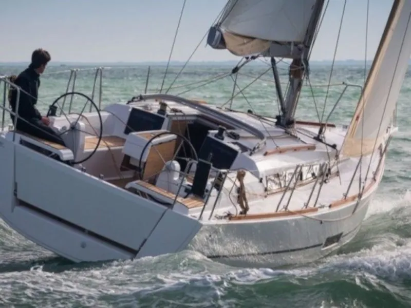 Exterior view of Blue Mares, a Dufour 360 Grand Large sailboat at Sant Antoni de Portmany, Spain