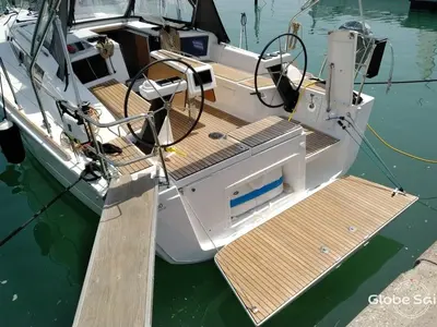 Deck of Blue Mares, a Dufour 360 Grand Large sailboat at Sant Antoni de Portmany, Spain