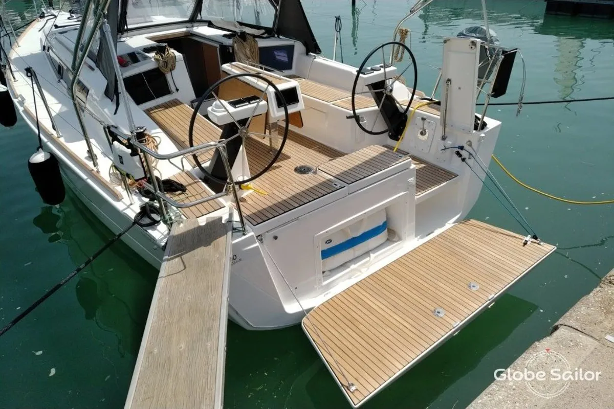 Deck of Blue Mares, a Dufour 360 Grand Large sailboat at Sant Antoni de Portmany, Spain