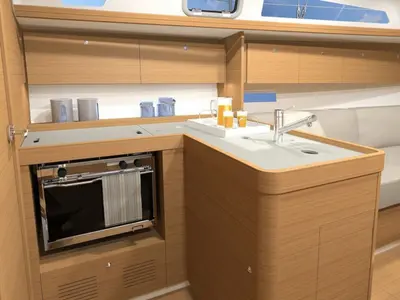 Galley of Blue Mares, a Dufour 360 Grand Large sailboat at Sant Antoni de Portmany, Spain