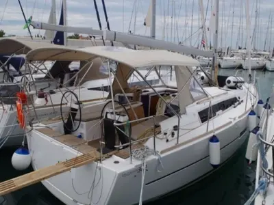 Deck of Blue Mares, a Dufour 360 Grand Large sailboat at Sant Antoni de Portmany, Spain