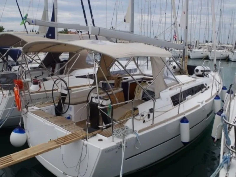 Deck of Blue Mares, a Dufour 360 Grand Large sailboat at Sant Antoni de Portmany, Spain