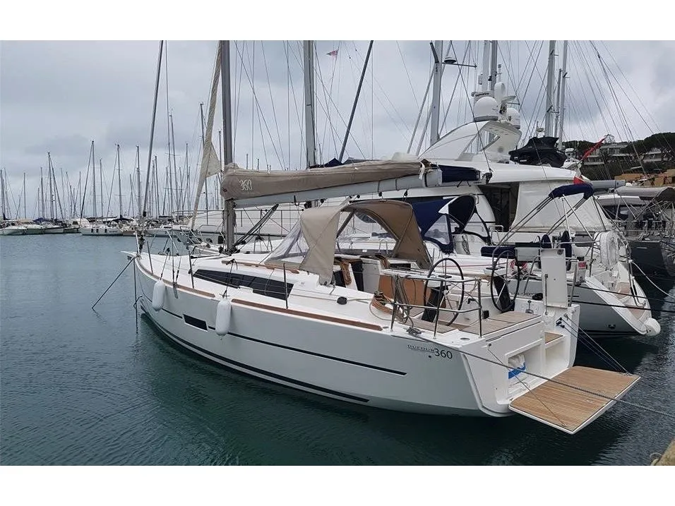 Exterior view of Blue Mares, a Dufour 360 Grand Large sailboat at Sant Antoni de Portmany, Spain