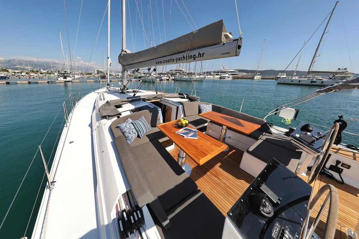 Deck of Atmosphere, a Hanse 460 sailboat at Kaštela, Croatia