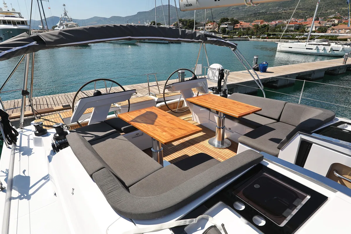 Deck of Atmosphere, a Hanse 460 sailboat at Kaštela, Croatia
