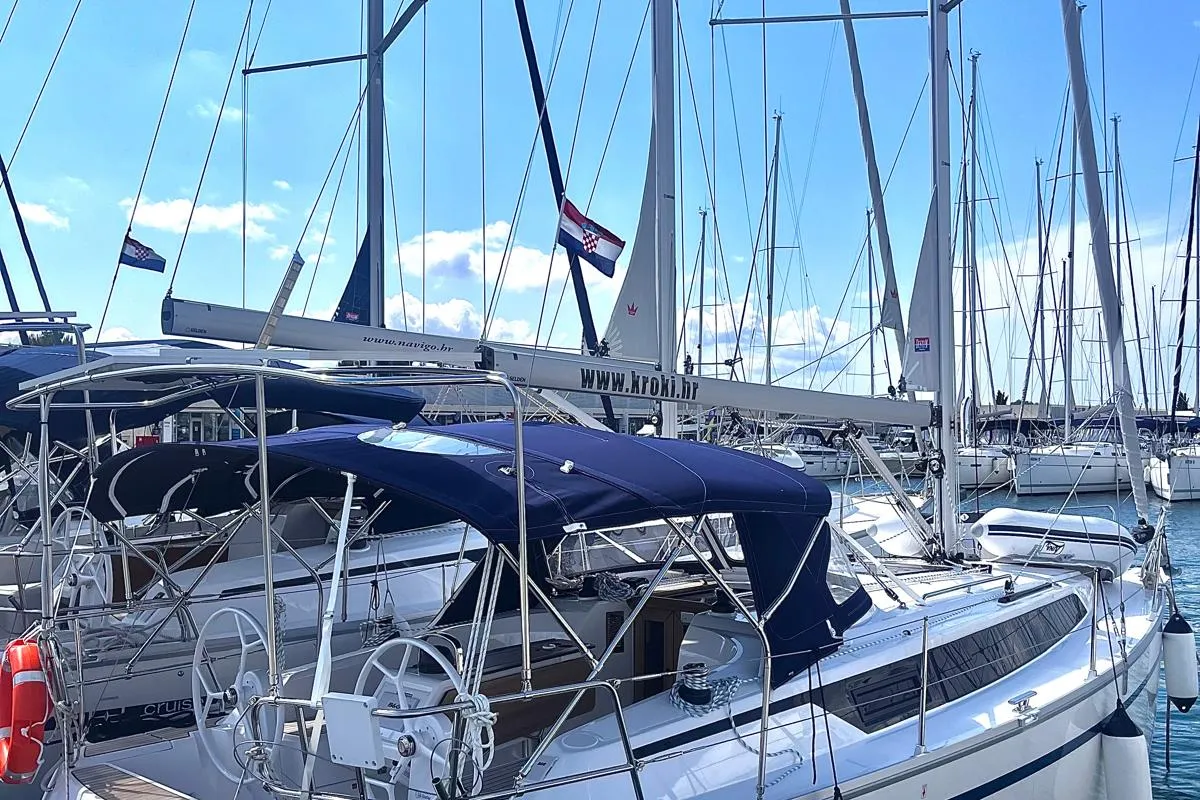 Exterior view of KORA, a Bavaria Cruiser 34 sailboat at Sukošan, Croatia