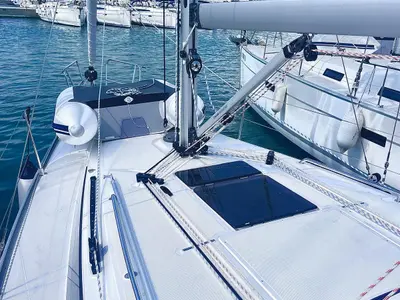 Deck of KORA, a Bavaria Cruiser 34 sailboat at Sukošan, Croatia