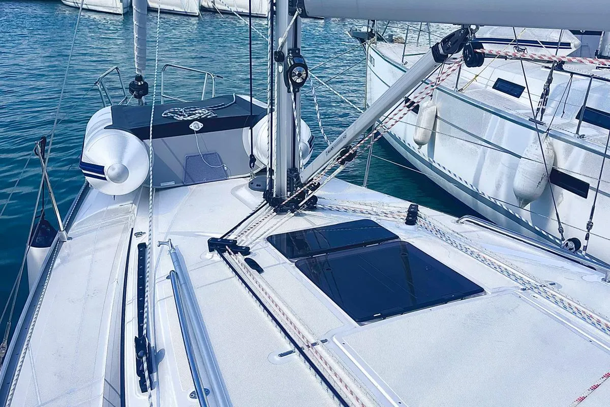 Deck of KORA, a Bavaria Cruiser 34 sailboat at Sukošan, Croatia