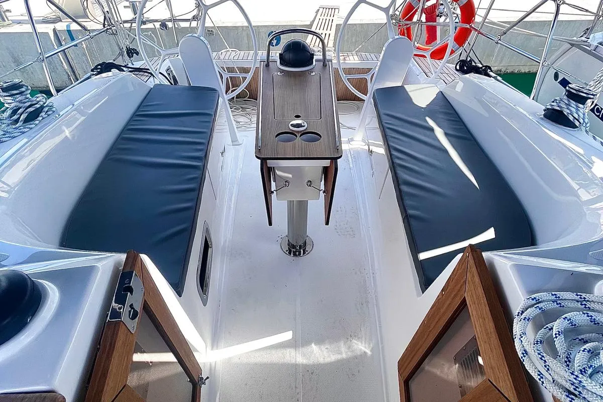 Deck of KORA, a Bavaria Cruiser 34 sailboat at Sukošan, Croatia