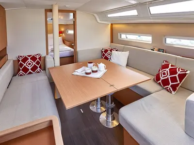 Salon of Sunsail 410 Premium, a Jeanneau Sun Odyssey 410 sailboat at Kontokali, Greece