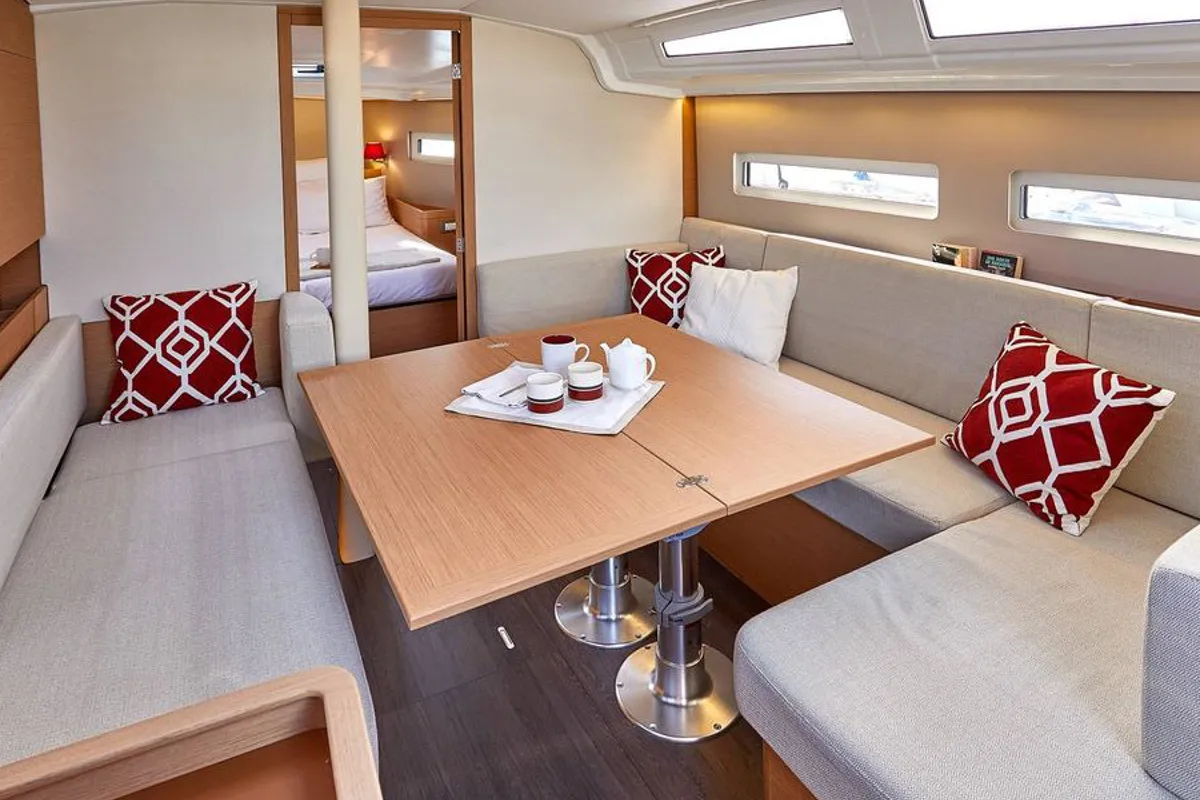 Salon of Sunsail 410 Premium, a Jeanneau Sun Odyssey 410 sailboat at Kontokali, Greece