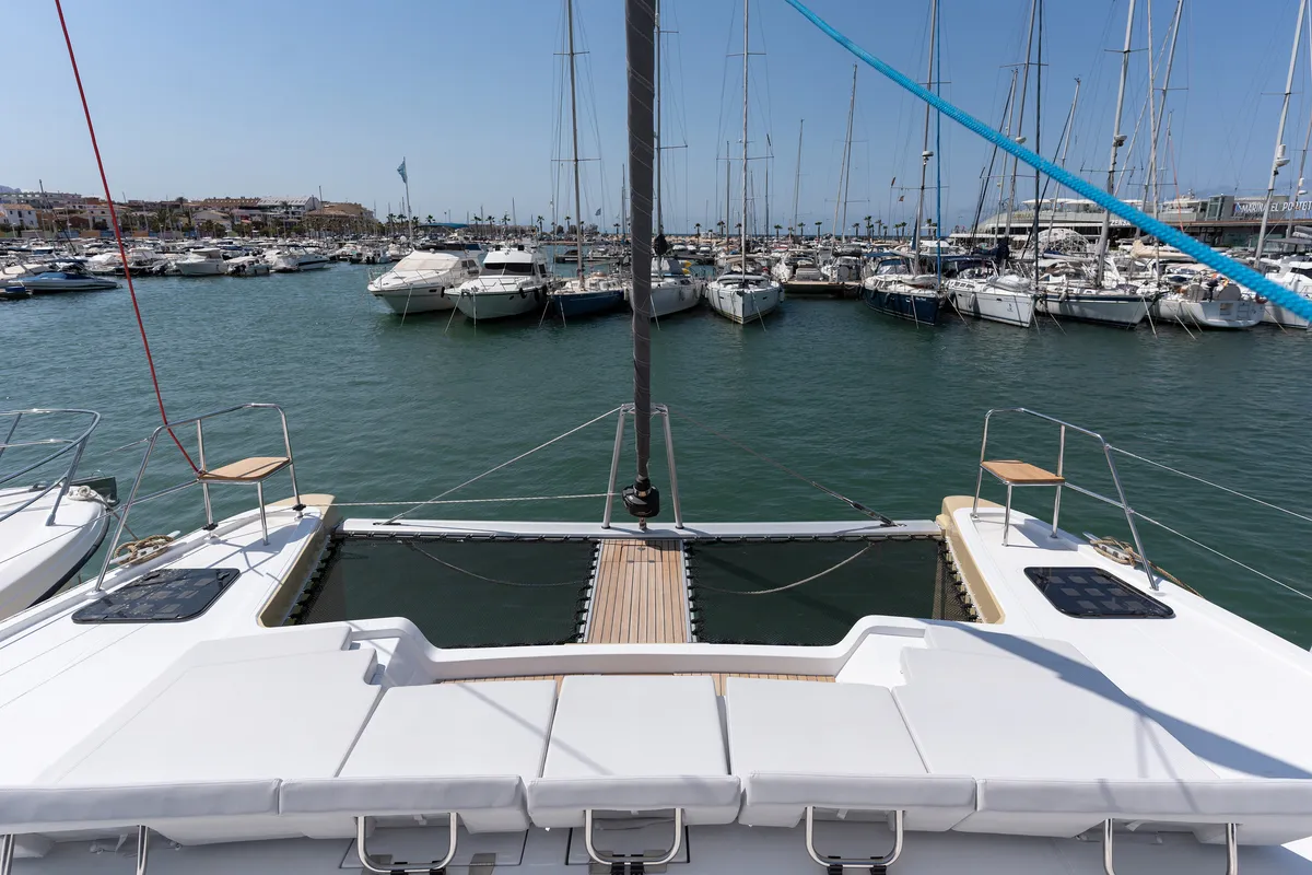 Deck of Premium +, a Aventura 45 catamaran at Dénia, Spain