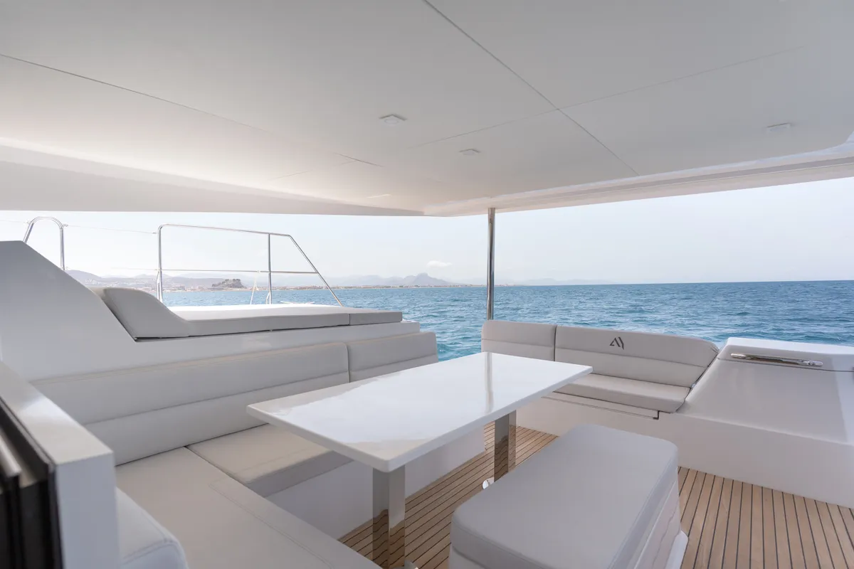 Deck of Premium +, a Aventura 45 catamaran at Dénia, Spain
