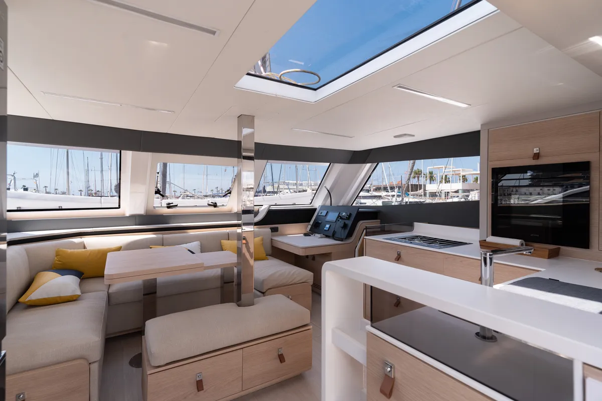 Salon of Premium +, a Aventura 45 catamaran at Dénia, Spain