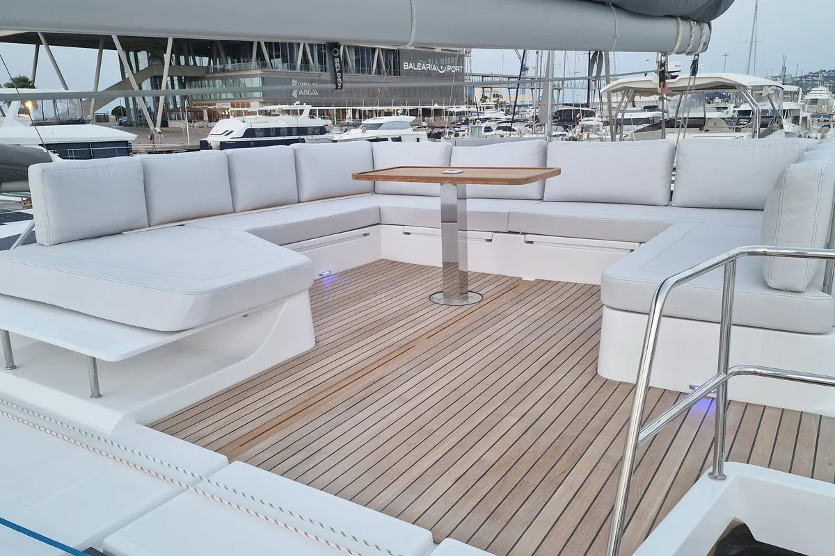 Deck of Premium +, a Aventura 45 catamaran at Dénia, Spain