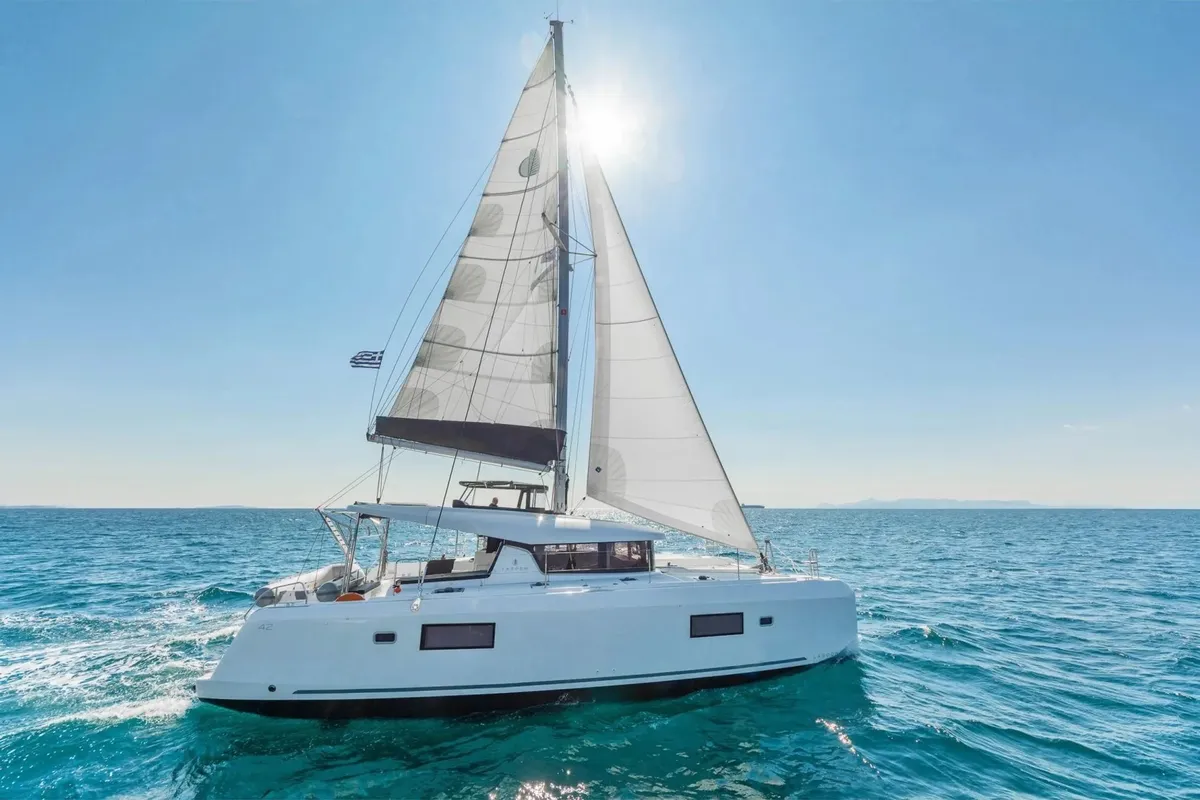 Exterior view of Blue Ripple I, a Lagoon 42 catamaran at Municipal Unit of Lefkada, Greece