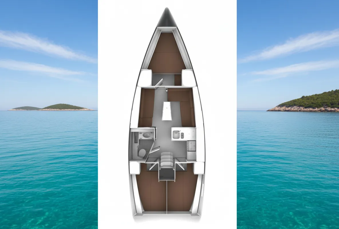 Exterior view of Dori, a Bavaria Cruiser 37 sailboat at Punat, Croatia