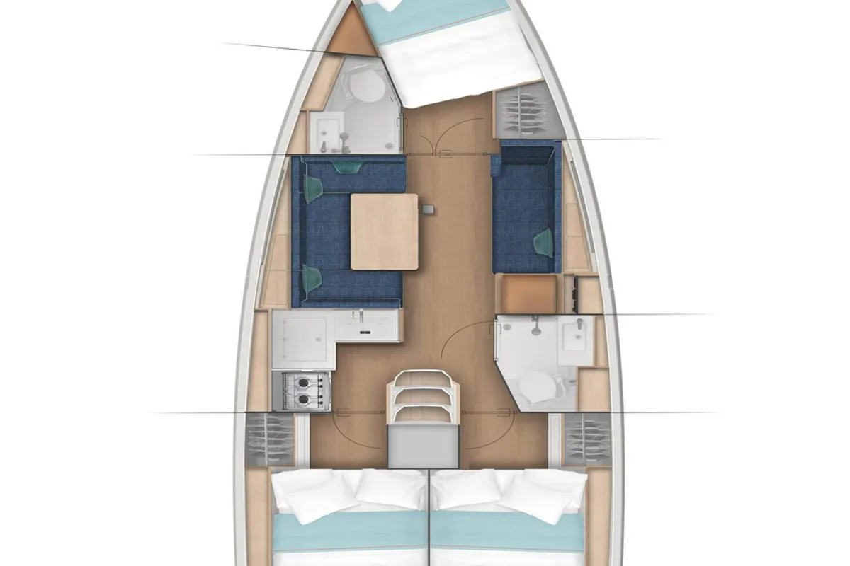 Floor plan of Pelmare, a Jeanneau Sun Odyssey 380 sailboat at Municipal Unit of Palairos, Greece
