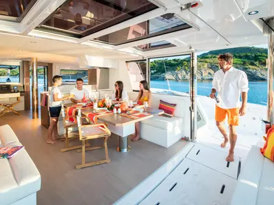 Salon of Sea Pearl, a Bali 4.8 catamaran at Athens, Greece
