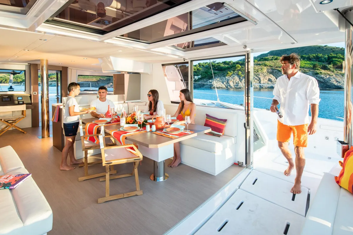 Salon of Sea Pearl, a Bali 4.8 catamaran at Athens, Greece