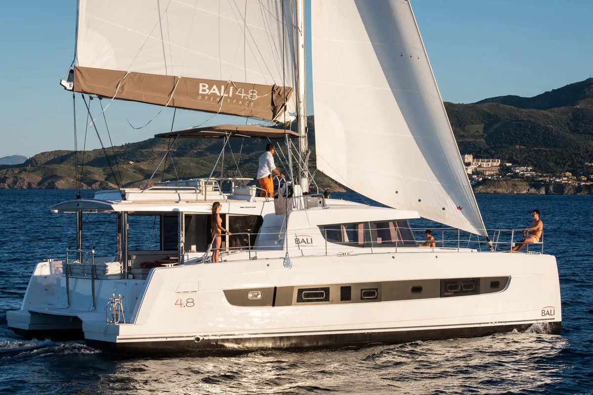Exterior view of Sea Pearl, a Bali 4.8 catamaran at Athens, Greece