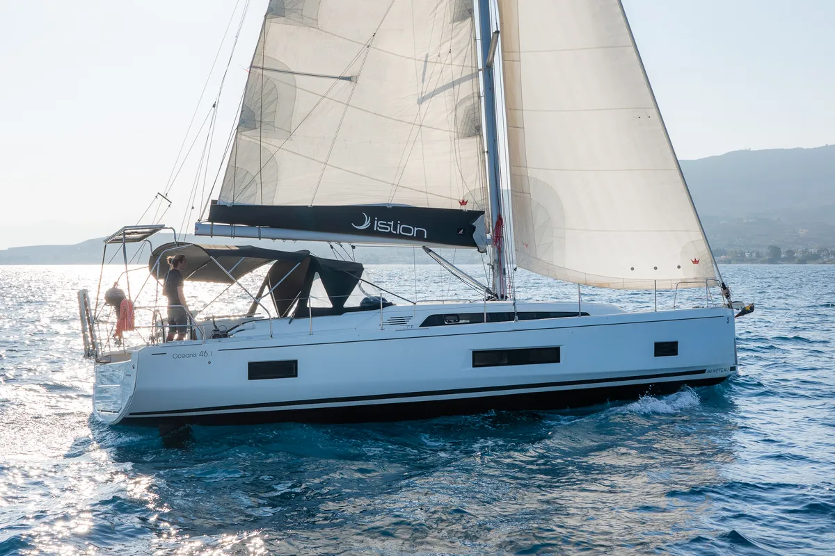 Exterior view of Rebekka Blue, a Beneteau Oceanis 46.1 sailboat at Municipal Unit of Rhodes, Greece