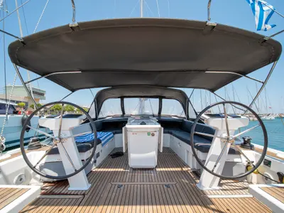 Cockpit of Rebekka Blue, a Beneteau Oceanis 46.1 sailboat at Municipal Unit of Rhodes, Greece