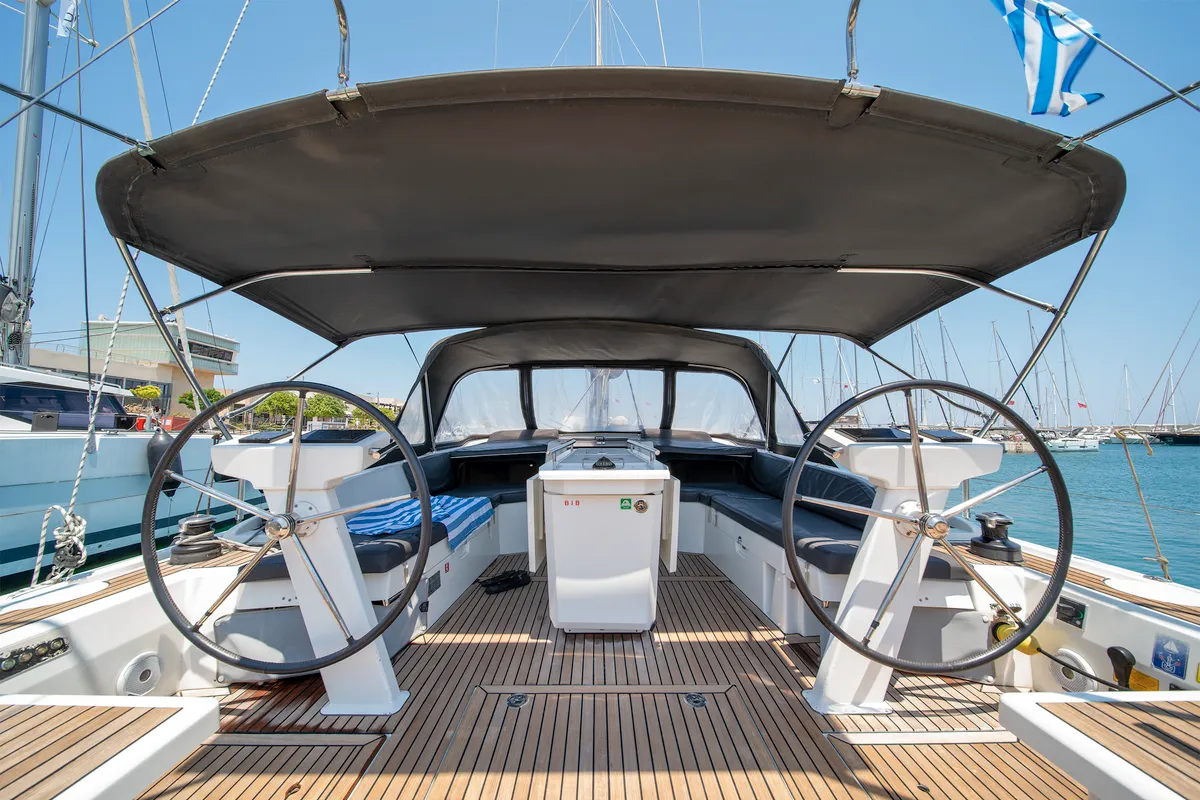 Cockpit of Rebekka Blue, a Beneteau Oceanis 46.1 sailboat at Municipal Unit of Rhodes, Greece