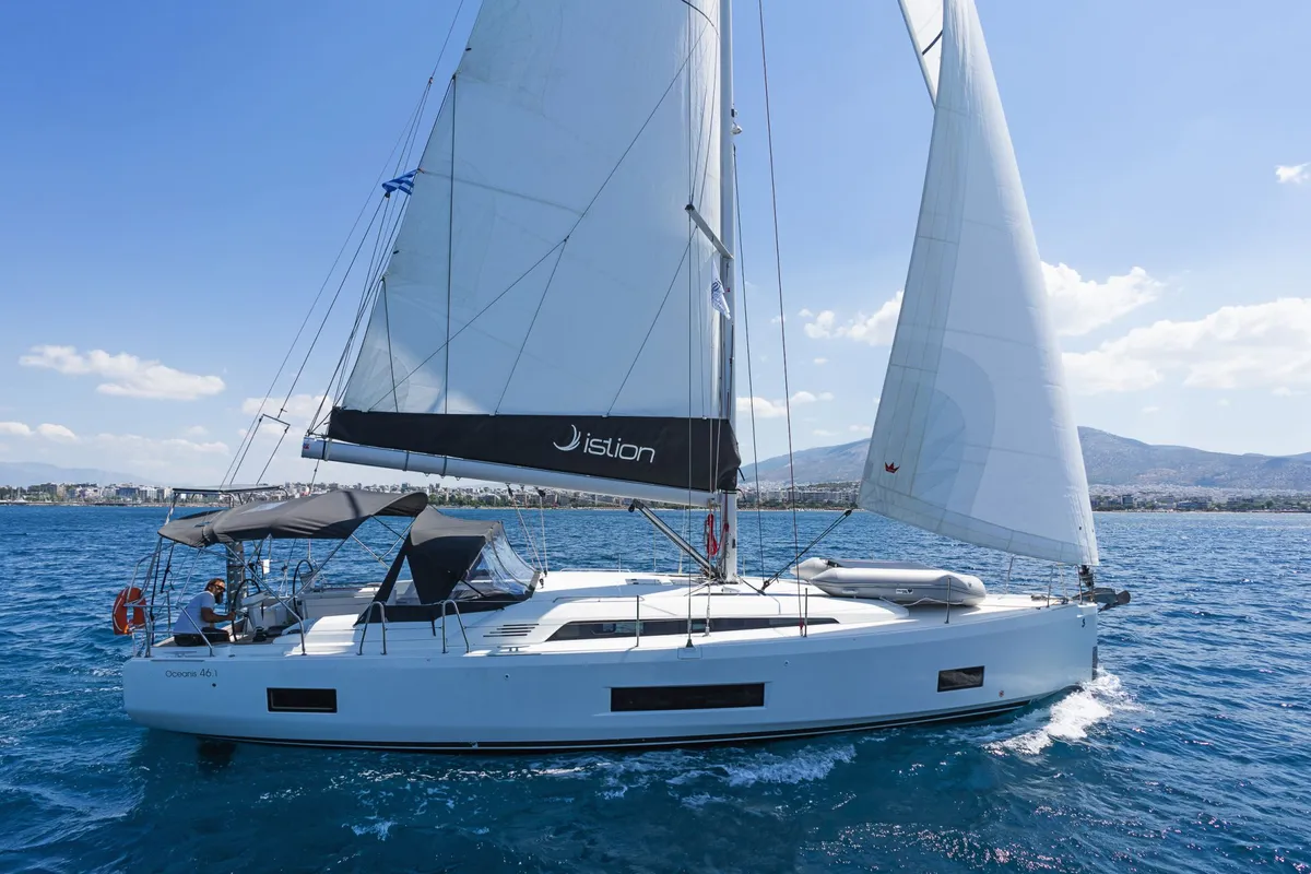 Exterior view of Rebekka Blue, a Beneteau Oceanis 46.1 sailboat at Municipal Unit of Rhodes, Greece