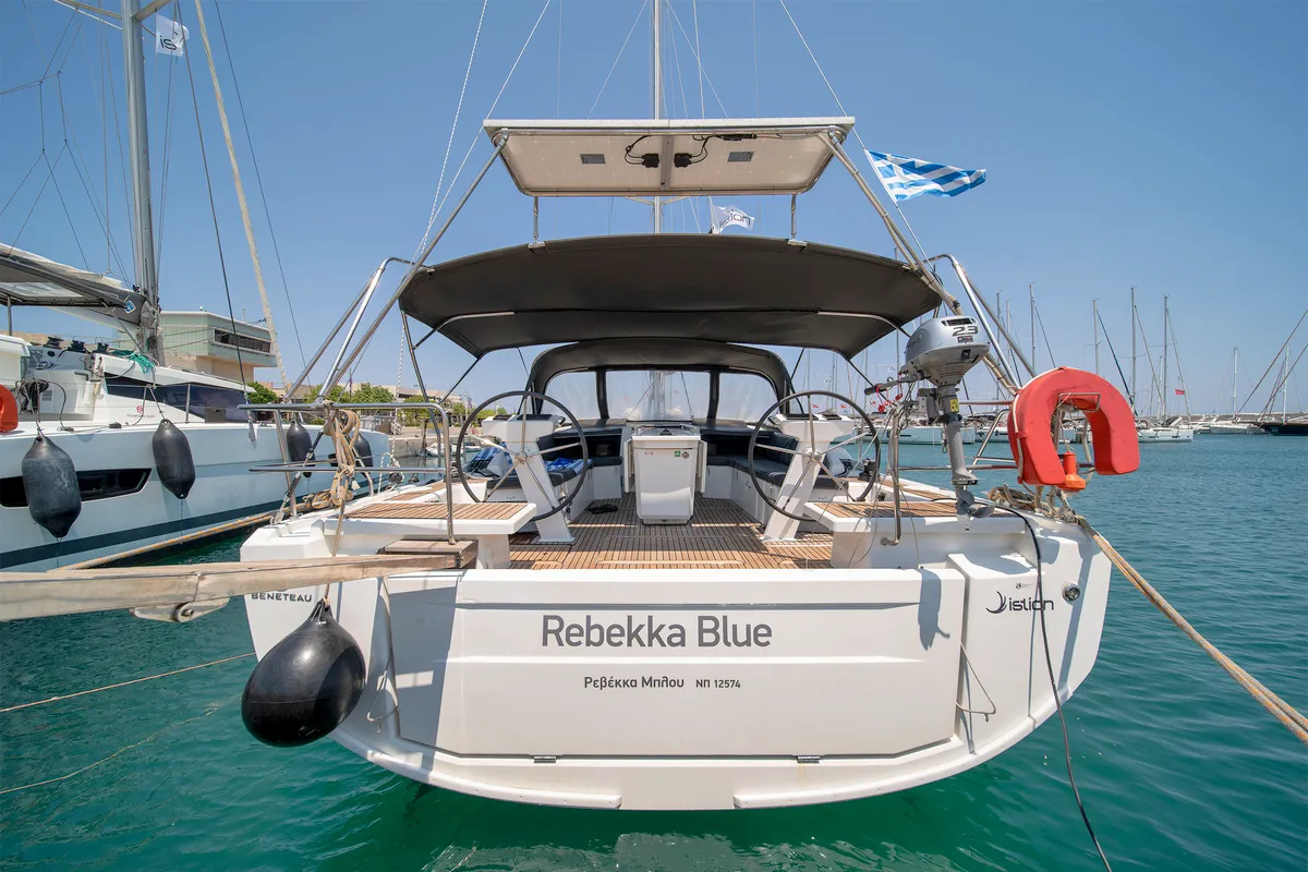 Exterior view of Rebekka Blue, a Beneteau Oceanis 46.1 sailboat at Municipal Unit of Rhodes, Greece