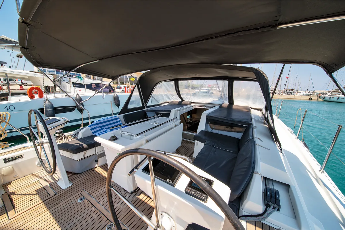 Cockpit of Rebekka Blue, a Beneteau Oceanis 46.1 sailboat at Municipal Unit of Rhodes, Greece