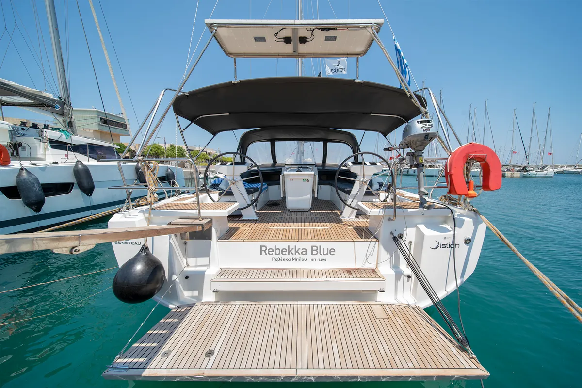 Exterior view of Rebekka Blue, a Beneteau Oceanis 46.1 sailboat at Municipal Unit of Rhodes, Greece