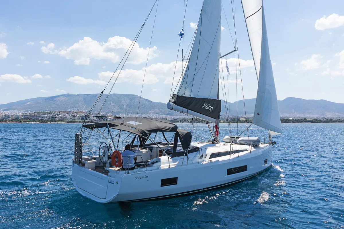 Exterior view of Rebekka Blue, a Beneteau Oceanis 46.1 sailboat at Municipal Unit of Rhodes, Greece