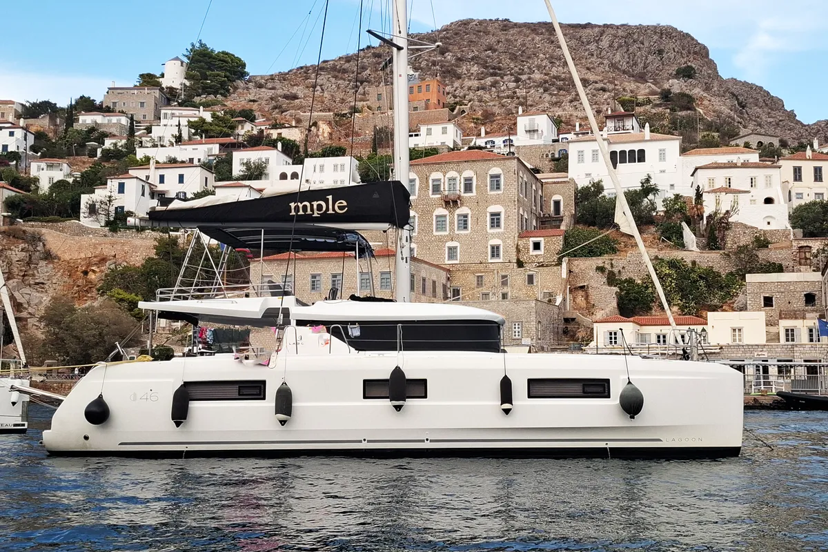 Exterior view of MPLE (air condition, generator, water maker) , a Lagoon 46 catamaran at Athens, Greece
