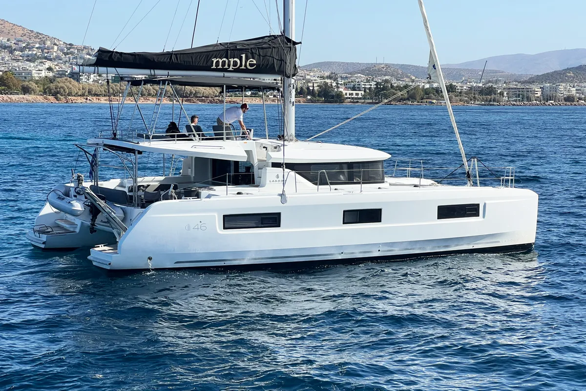 Exterior view of MPLE (air condition, generator, water maker) , a Lagoon 46 catamaran at Athens, Greece