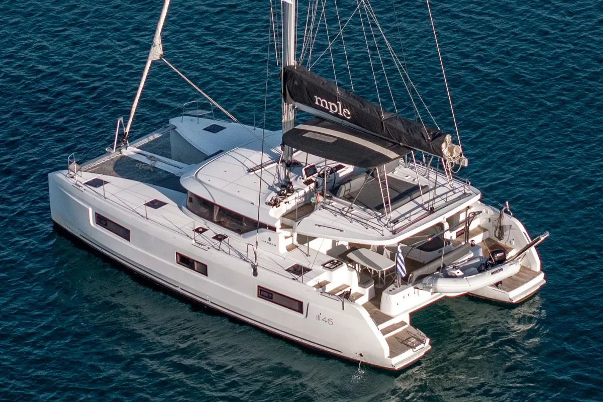 Exterior view of MPLE (air condition, generator, water maker) , a Lagoon 46 catamaran at Athens, Greece