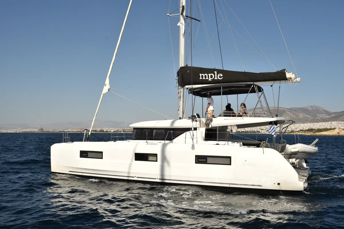 Exterior view of MPLE (air condition, generator, water maker) , a Lagoon 46 catamaran at Athens, Greece