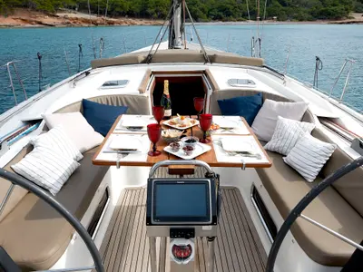 Cockpit of Yannis 65 s, a Hanse 540e sailboat at Athens, Greece