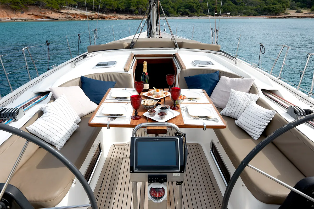 Cockpit of Yannis 65 s, a Hanse 540e sailboat at Athens, Greece