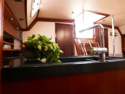 Galley of Yannis 65 s, a Hanse 540e sailboat at Athens, Greece