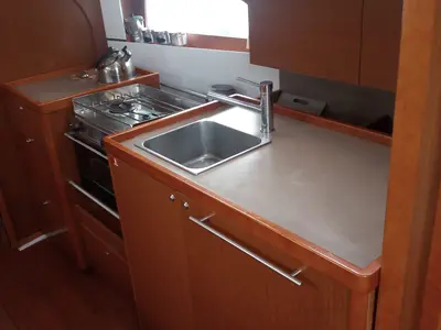 Galley of Monica, a Beneteau Oceanis 38 sailboat at Cannigione, Italy