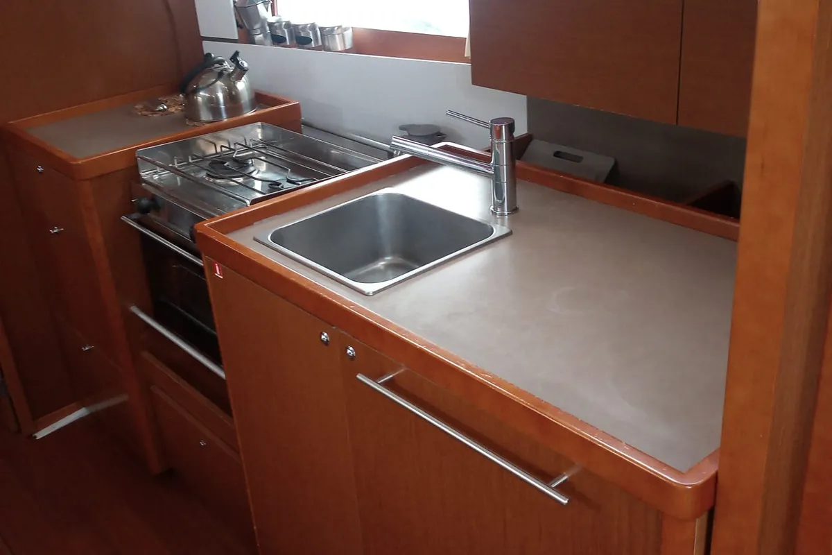 Galley of Monica, a Beneteau Oceanis 38 sailboat at Cannigione, Italy