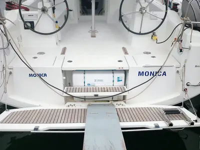 Cockpit of Monica, a Beneteau Oceanis 38 sailboat at Cannigione, Italy