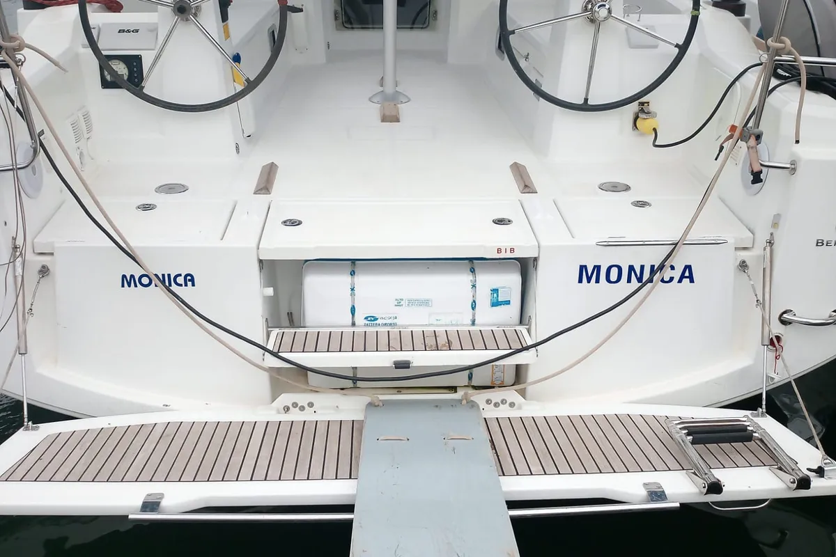 Cockpit of Monica, a Beneteau Oceanis 38 sailboat at Cannigione, Italy