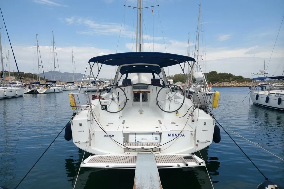 Exterior view of Monica, a Beneteau Oceanis 38 sailboat at Cannigione, Italy