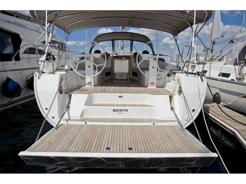 Exterior view of Bonata, a Bavaria Cruiser 45 sailboat at Grad Šibenik, Croatia